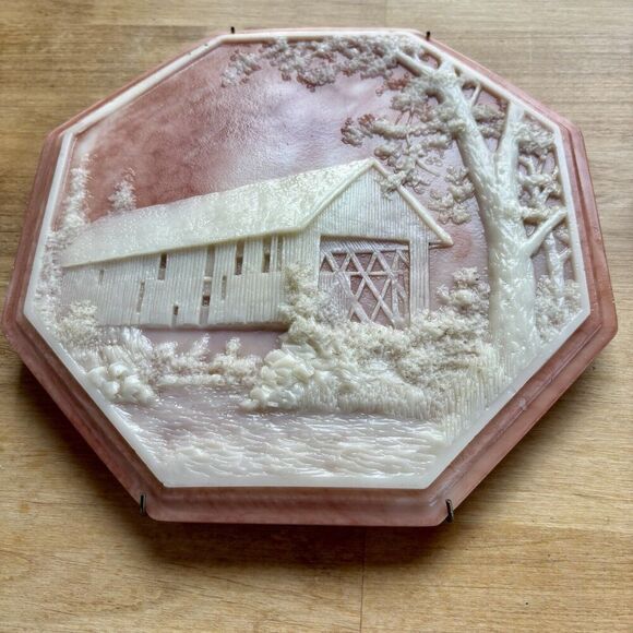 Vtg Incolay Soapstone Cottage Bridge Cute Marbled Plate Pink Ivory Forrest River - Picture 2 of 8